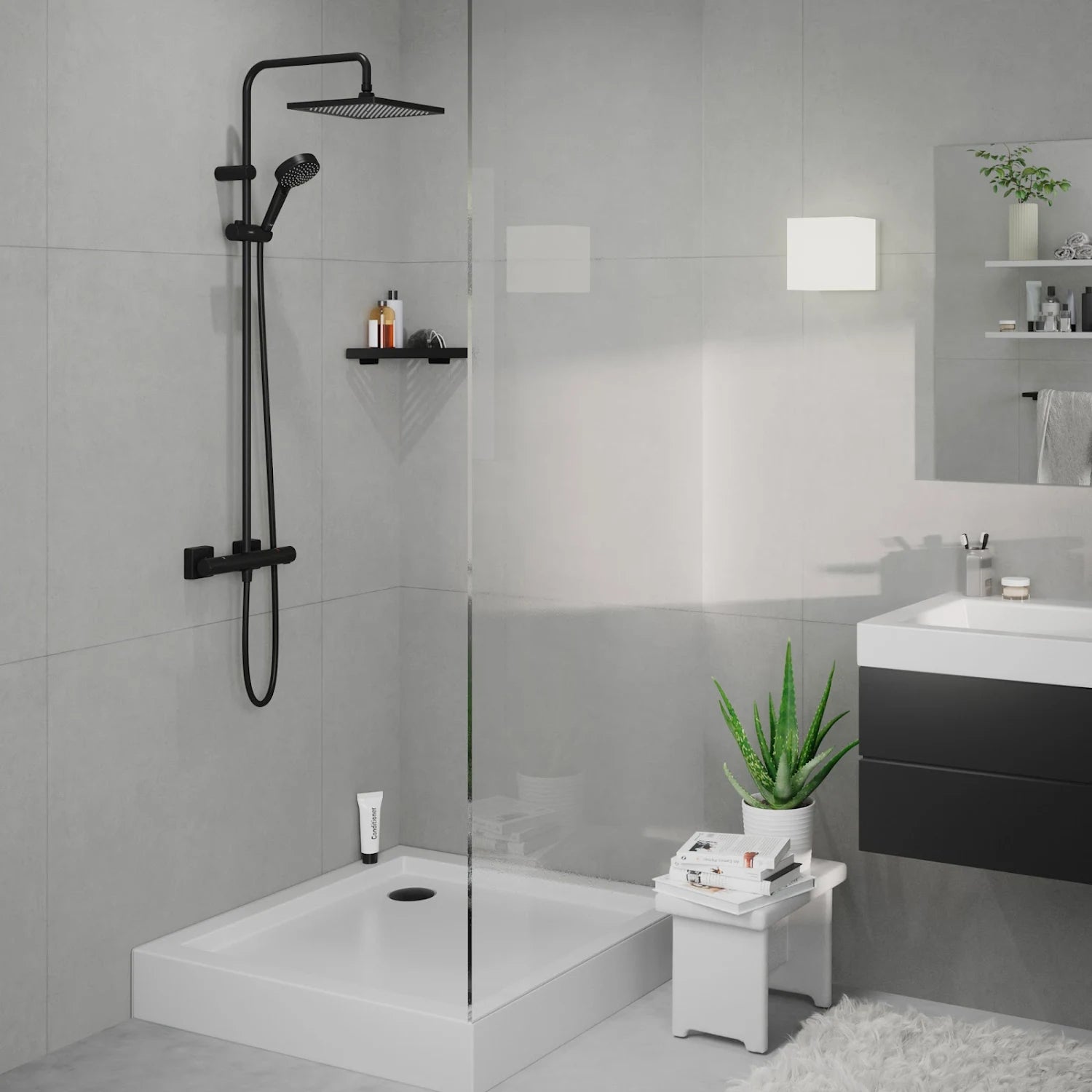 HANSGROHE Vernis Shape 240 1jet EcoSmart Dual Head Thermostatic Mixer Shower - Matt Black - S R Originals