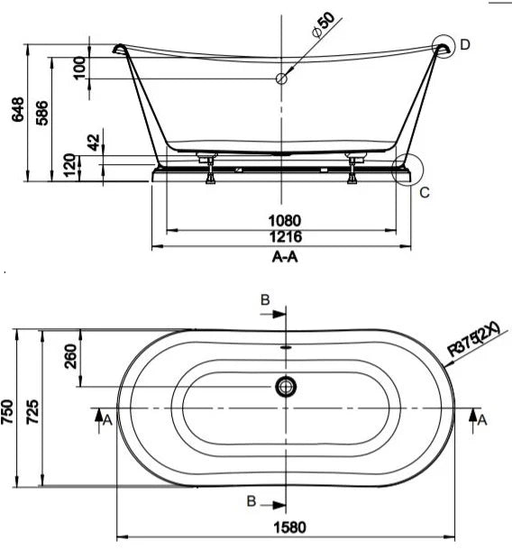 BC Designs Boat Bath Painted Farrow and Ball - 1580 x 750mm - S R Originals