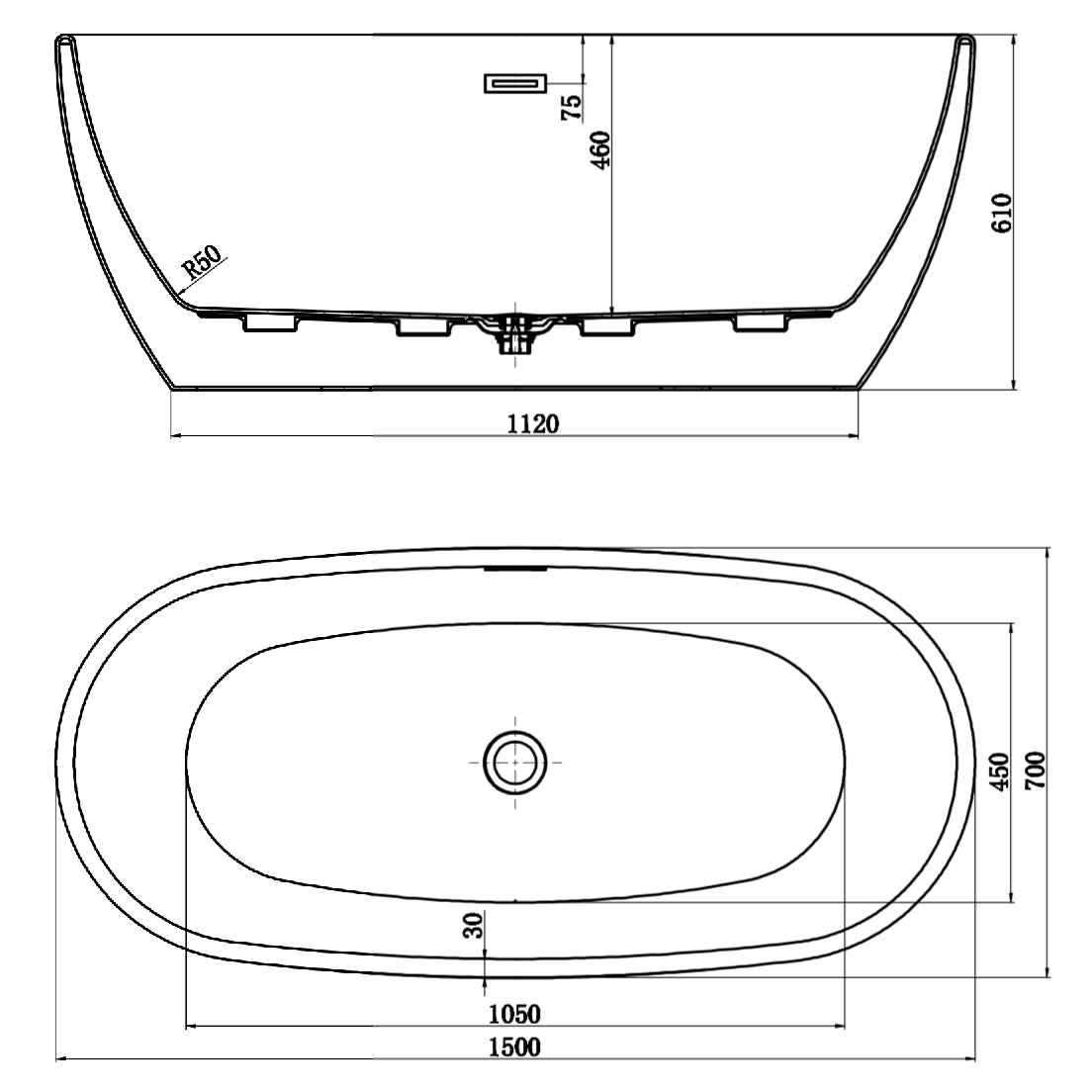 AFFINE MONTBEL Luxury Freestanding Bath - 1500 x 700mm - S R Originals