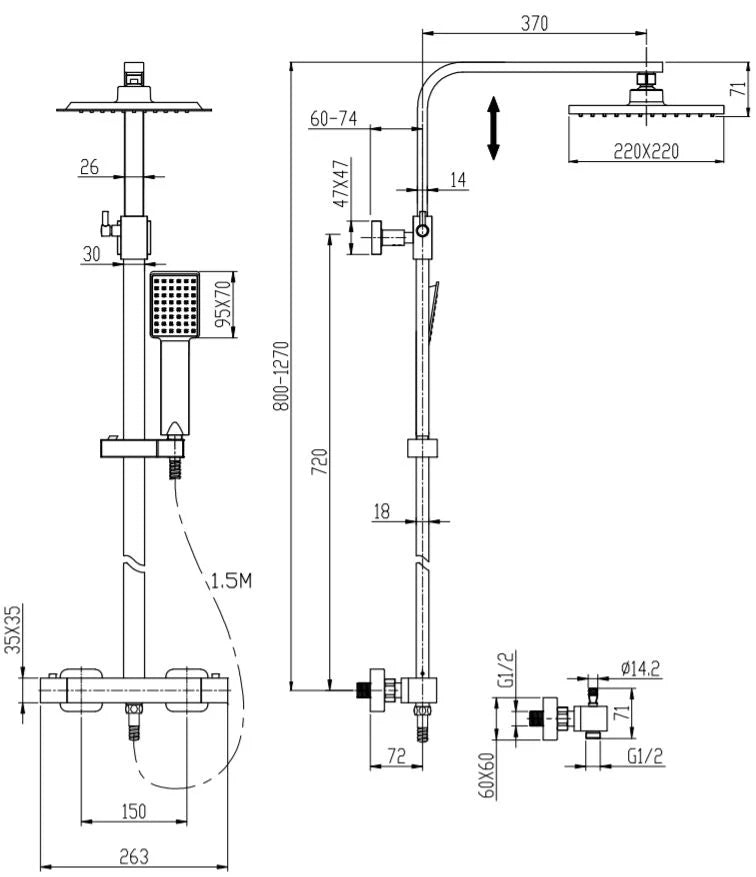 MERANO Thermostatic Square Bar Mixer Shower with Adjustable & Fixed Head Black - S R Originals